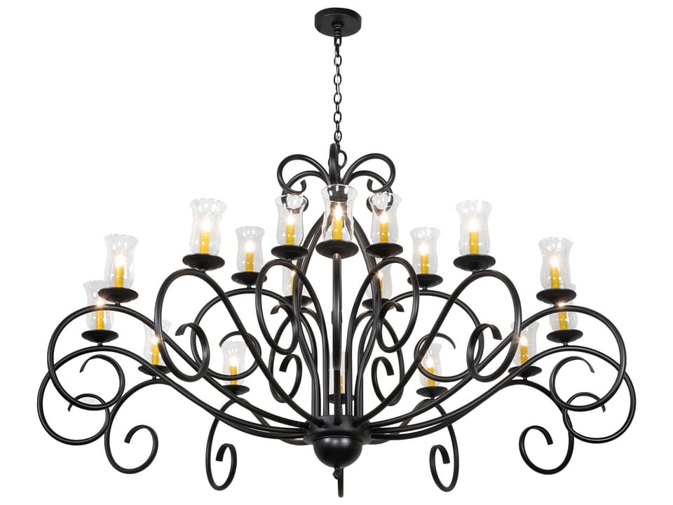 Sienna 18-Light Candelabra Chandelier with Clear Hurricane Glass Shades in Satin Black Wrought Iron