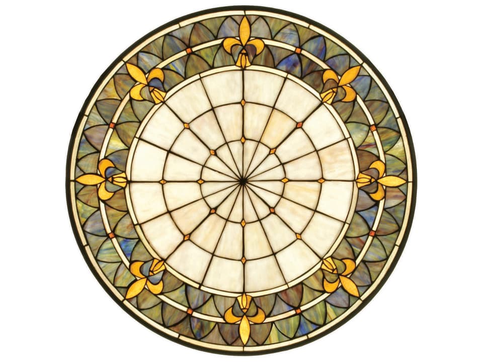 Fleur-de-lis Stained Glass Window Multi-Colored Medallion with Brass Frame