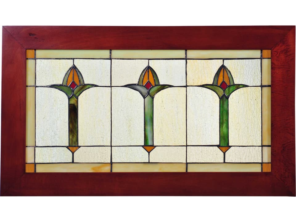 Tiffany Arts & Crafts Bud Trio Stained Glass Window Panel Natural Wood Frame