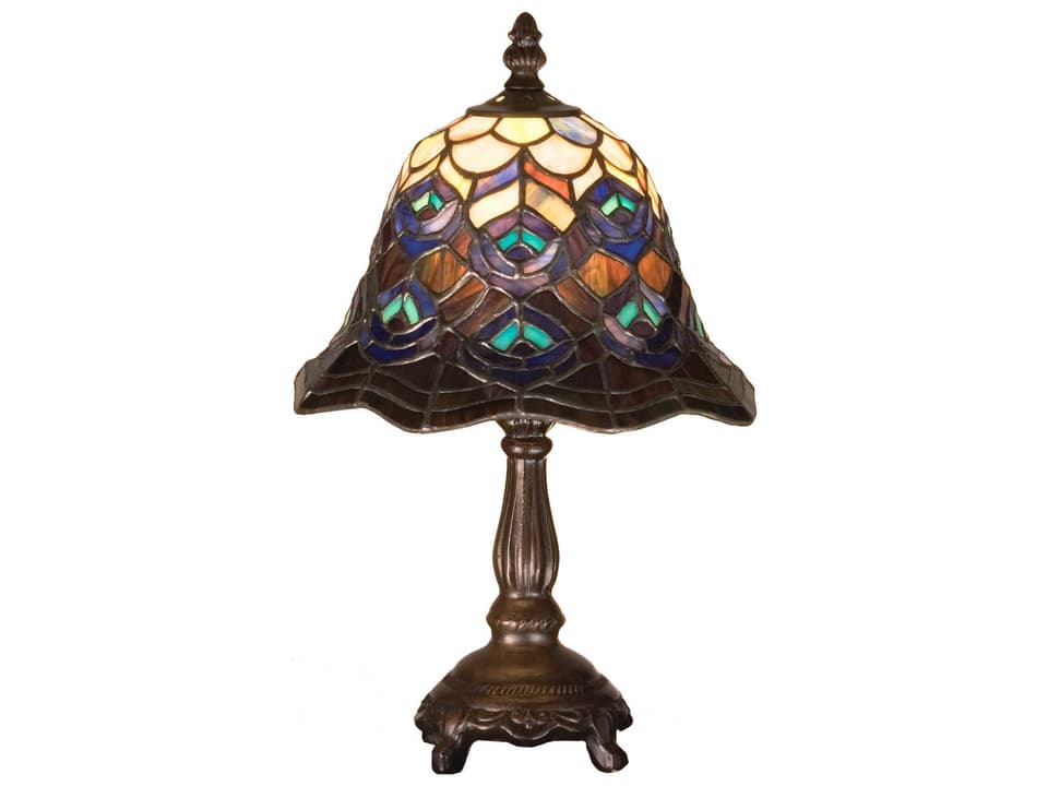 Tiffany Peacock Feather 1-Light Mini Table Lamp in Mahogany Bronze