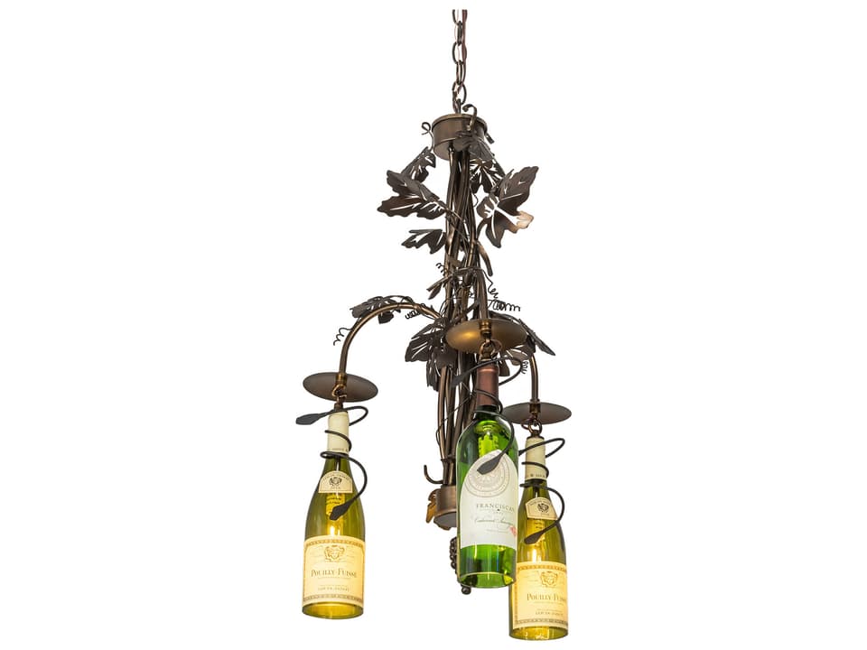 3-Light Tuscan Vineyard Chandelier in Dark Burnished Antique Copper with Stained Glass Bottles