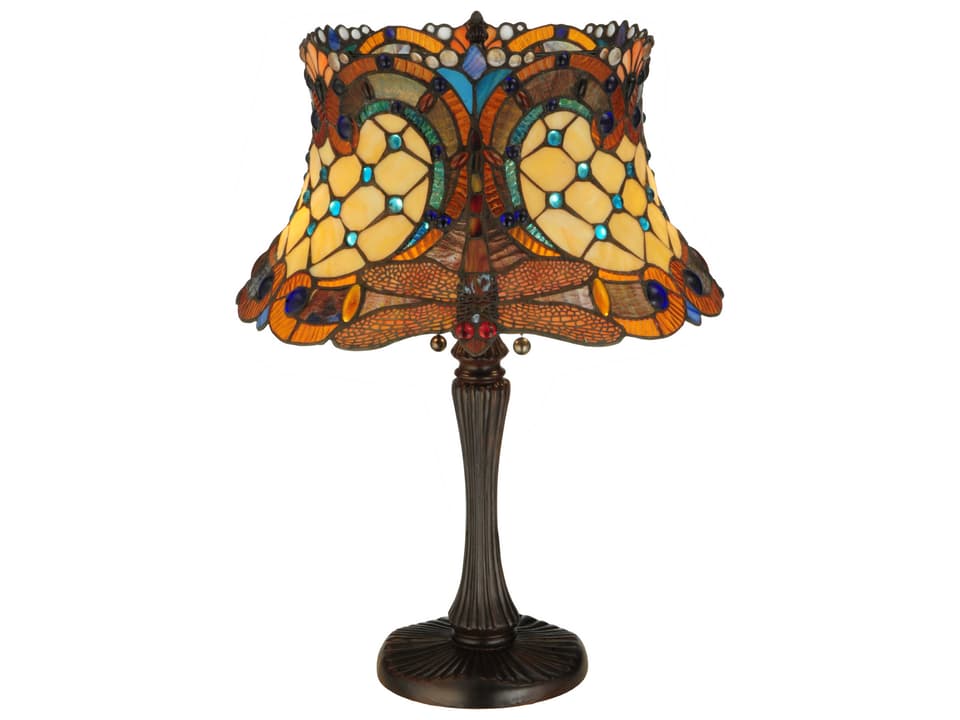 Tiffany Hanginghead Dragonfly 2-Light Art Glass Table Lamp Pewter Finish