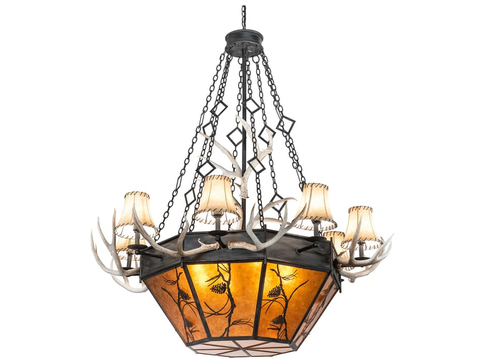 Whispering Pines 16-Light Rustic Antler Chandelier in Costello Black with Amber Mica