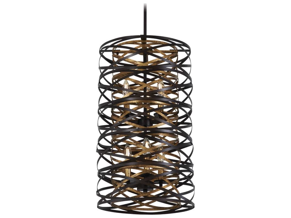 Vortic Flow 6-Light Pendant Light in Dark Bronze and Mosaic Gold