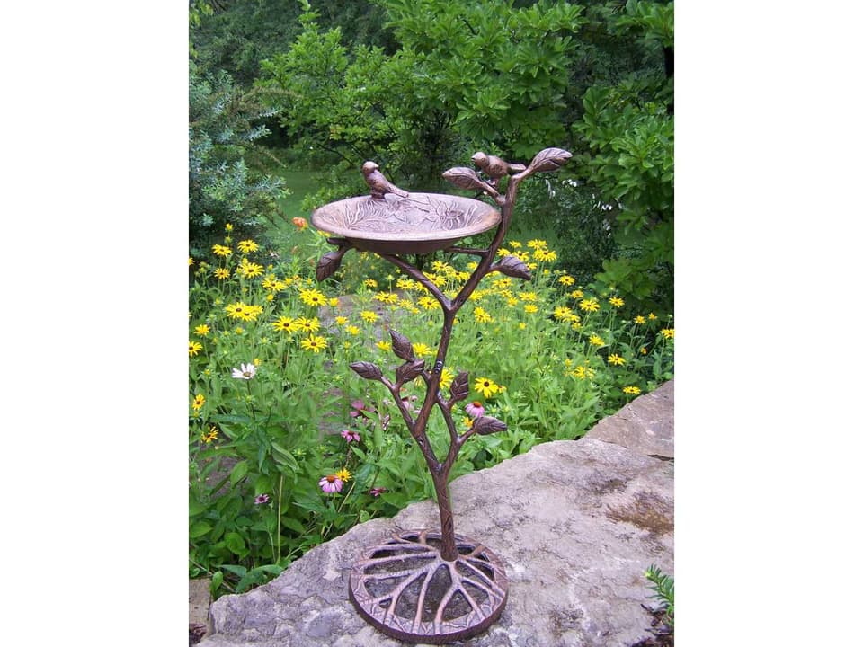 Meadow Cast Aluminum Bird Bath Antique Bronze Branch and Bird Detail