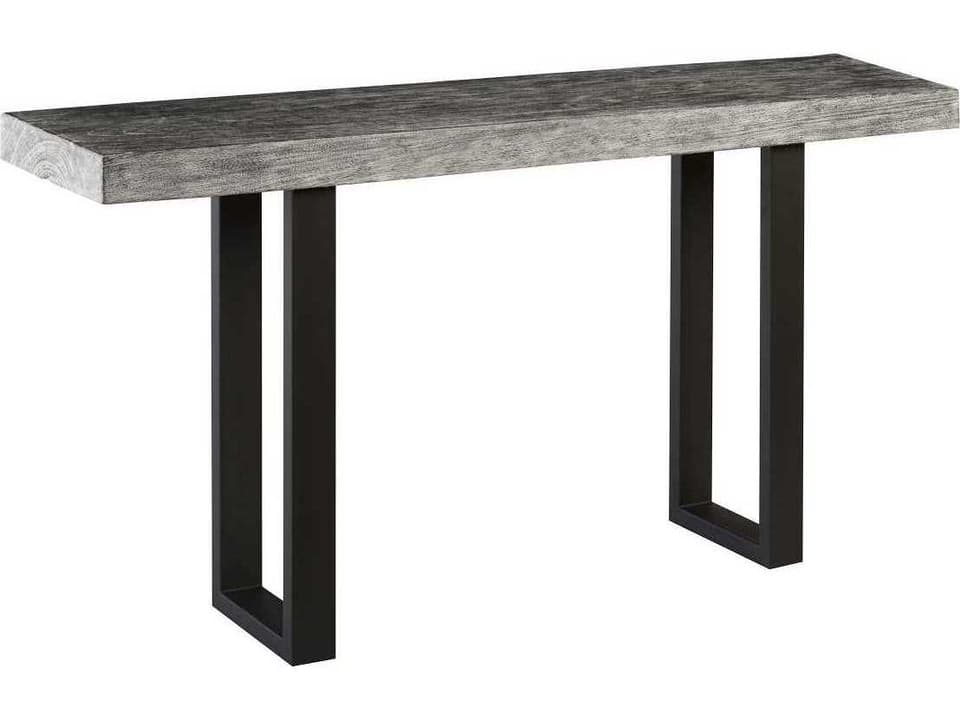 Origins Straight Edge Console Table in Gray Stone Chamcha Wood with Black Metal Legs