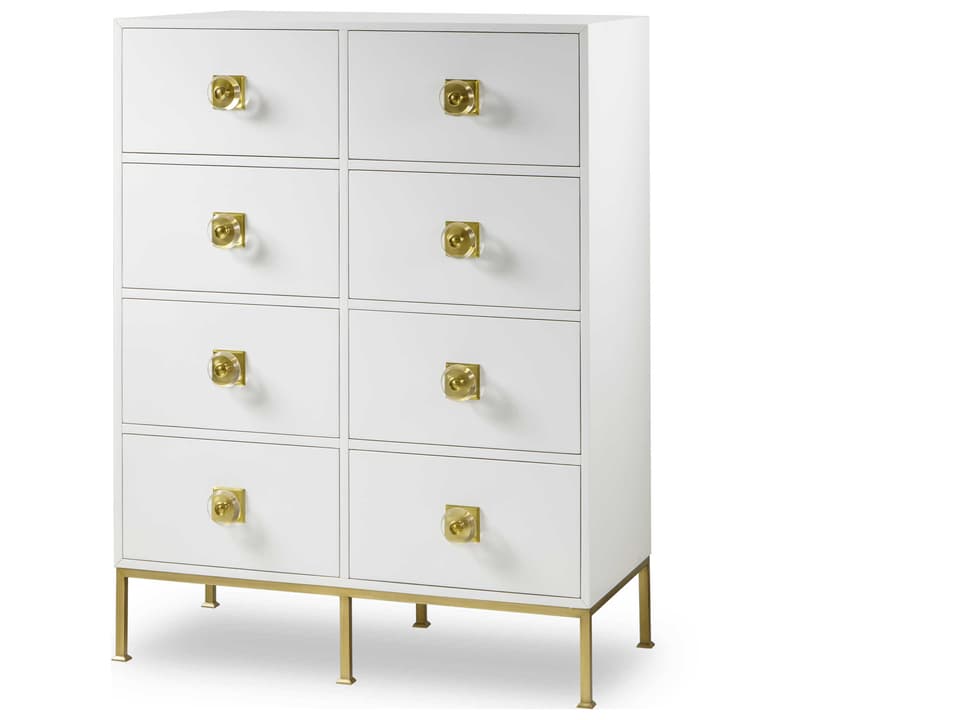 Formal Eloquent White Lacquer Poplar Wood 8-Drawer Chest with Brass Accents
