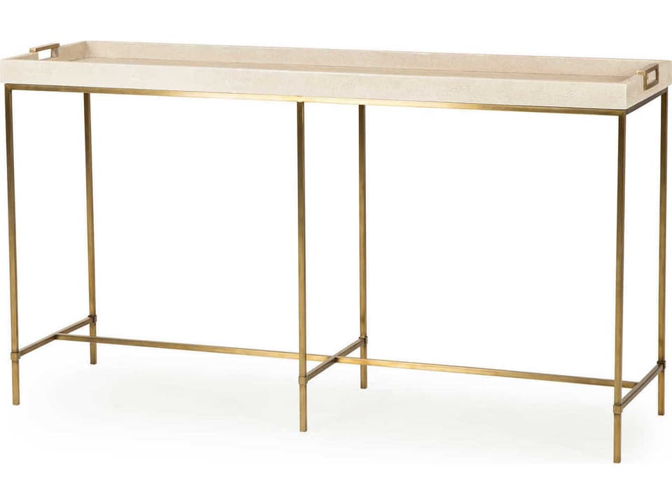 Lexi Rectangular Faux Leather Ivory Shagreen Console Table with Stain Brass