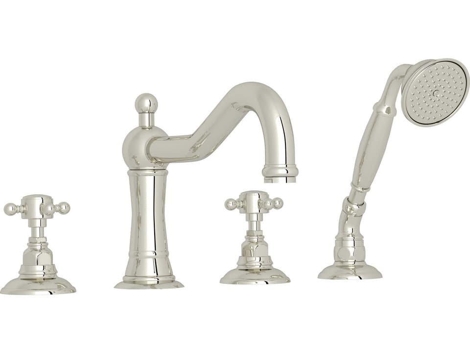 Acqui Polished Nickel 4-Hole Deck Mount Column Spout Tub Filler with Handshower Cross Handles
