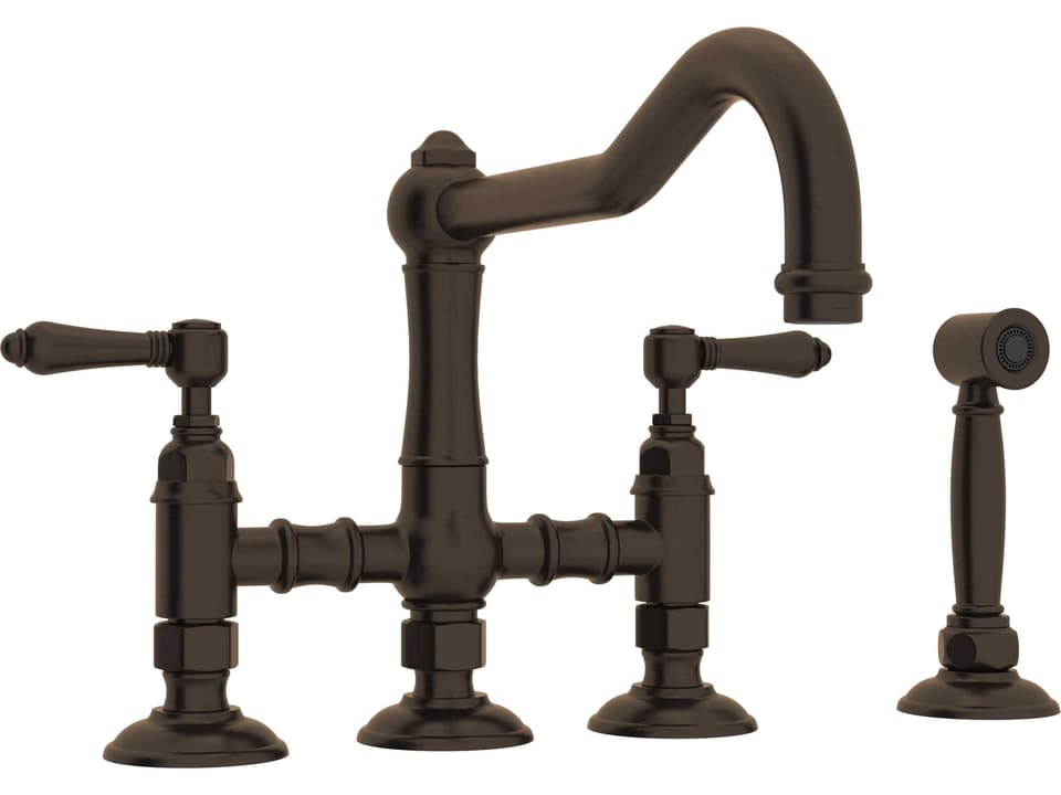 Acqui Tuscan Brass Deck Mount Column Spout Bridge Kitchen Faucet with Sidespray and Lever Handles