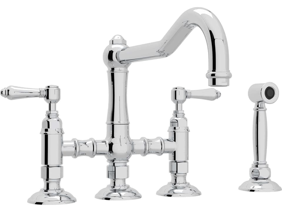 Acqui Polished Chrome Deck Mount Column Spout Bridge Kitchen Faucet with Sidespray with Lever Handles