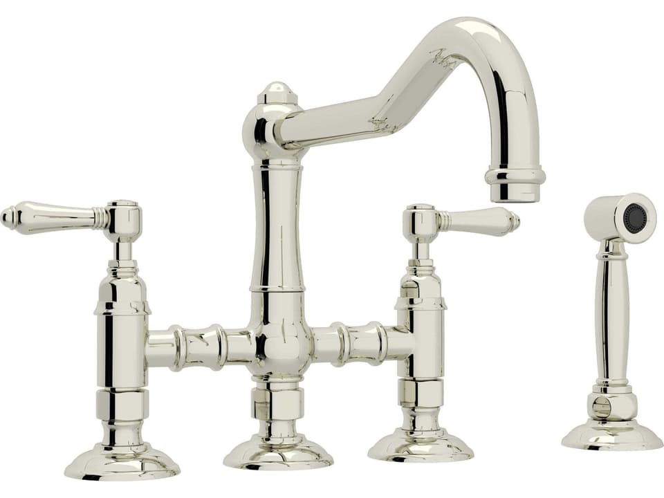 Acqui Deck Mount Column Spout Bridge Kitchen Faucet with Sidespray in Polished Nickel