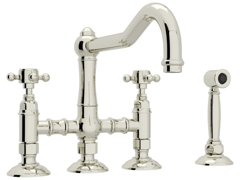 Acqui Polished Nickel Deck Mount Bridge Kitchen Faucet with Sidespray Cross Handles