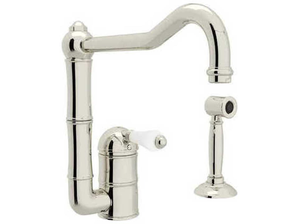 Acqui Polished Nickel Column Spout Kitchen Faucet with Sidespray and White Porcelain Lever Handle
