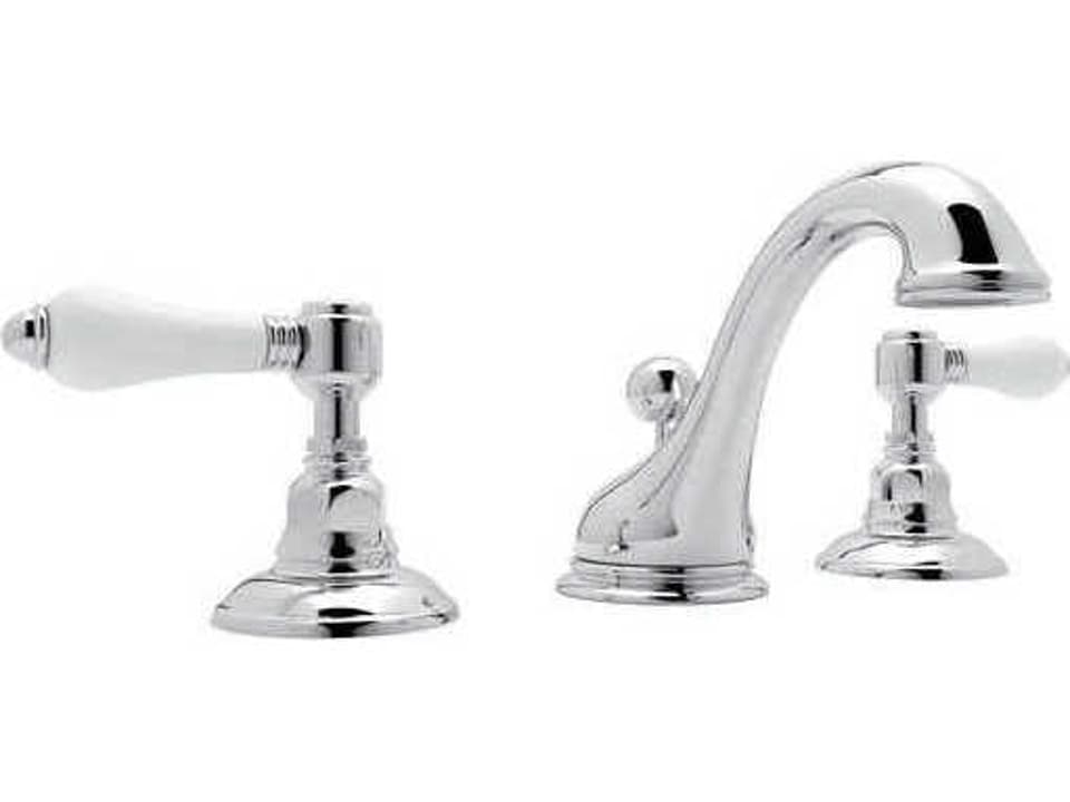 Viaggio Widespread Lavatory Faucet with Low C-Spout and Porcelain Levers in Polished Chrome
