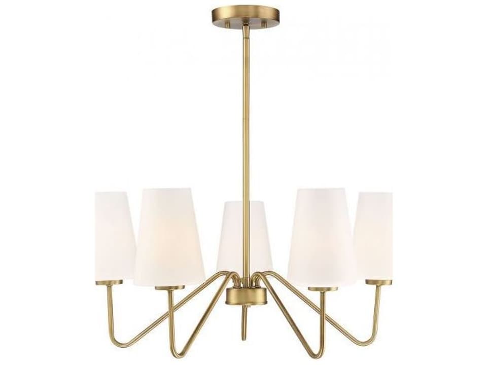 Meridian 5-Light Chandelier in Natural Brass with White Glass Shades