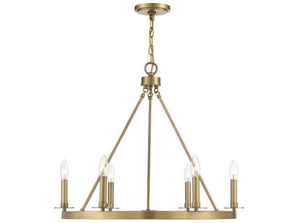 6-Light Meridian Chandelier in Natural Brass Wagon Wheel Design