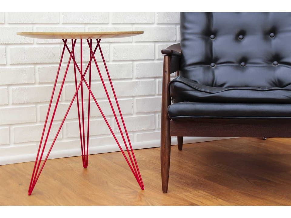 Hudson Round Maple Inlay End Table in Red Powder-Coated Steel