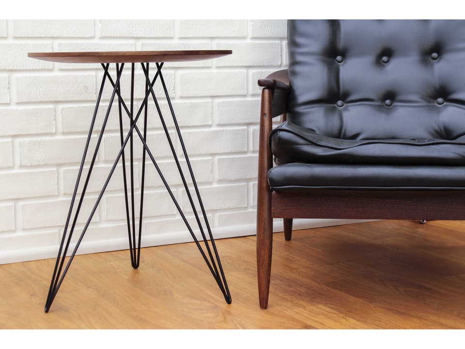 Hudson Round Side Table No Inlay Walnut Top Black Base