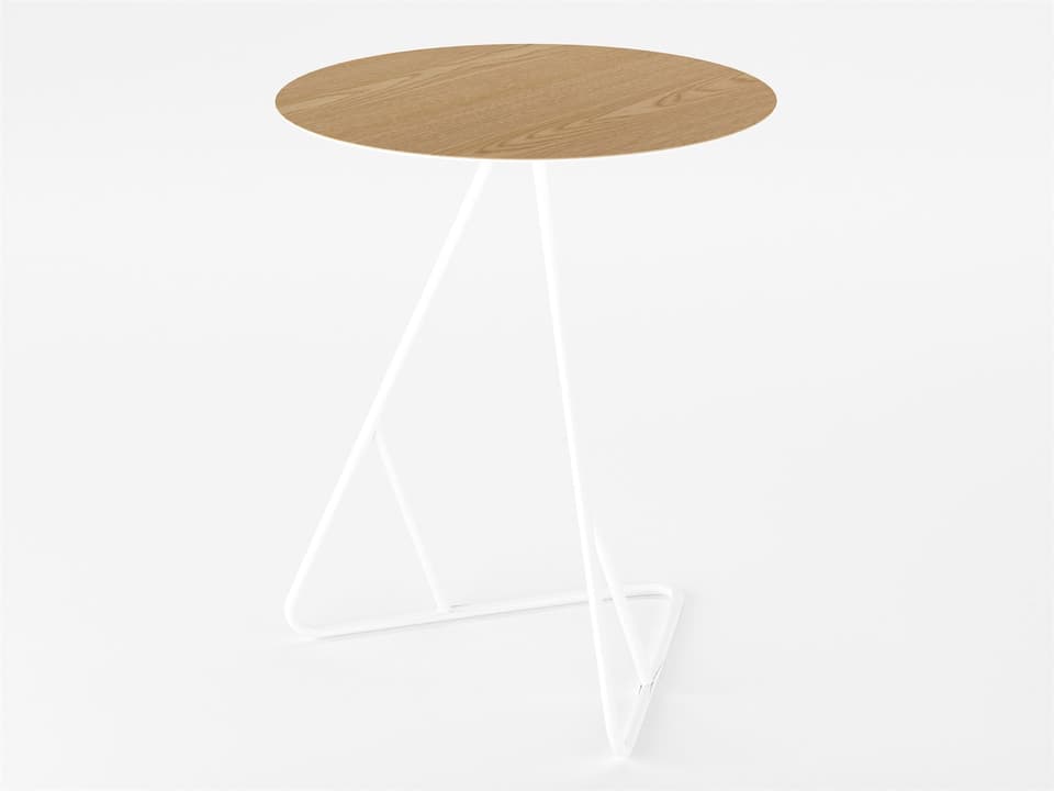 James Collection Round End Table in Matte White and Natural Oak