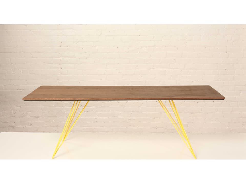 Williams Rectangle Coffee Table in Walnut Veneer with Yellow Hairpin Steel Legs