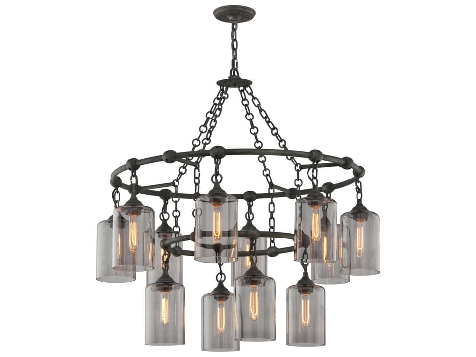 Gotham 12-Light Chandelier with Smoked Glass Shades in Aged Pewter