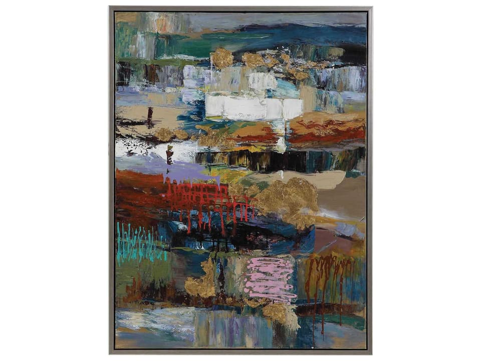 Fiesta Modern Abstract Hand Painted Canvas with Antiqued Silver Leaf Frame