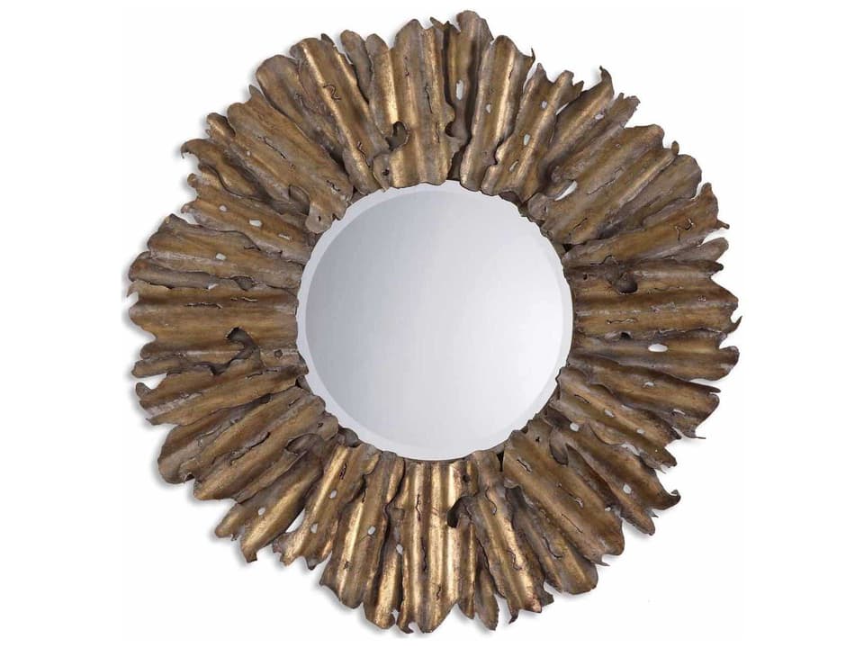 Hemani Round Wall Mirror in Antiqued Gold Leaf with Beveled Edge