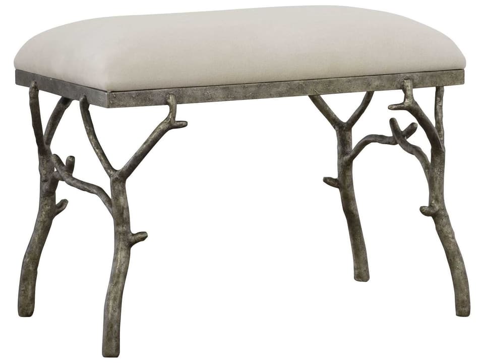 Lismore Small Fabric Bench with Textured Antique Silver Finish and Off-White Polyester Fabric