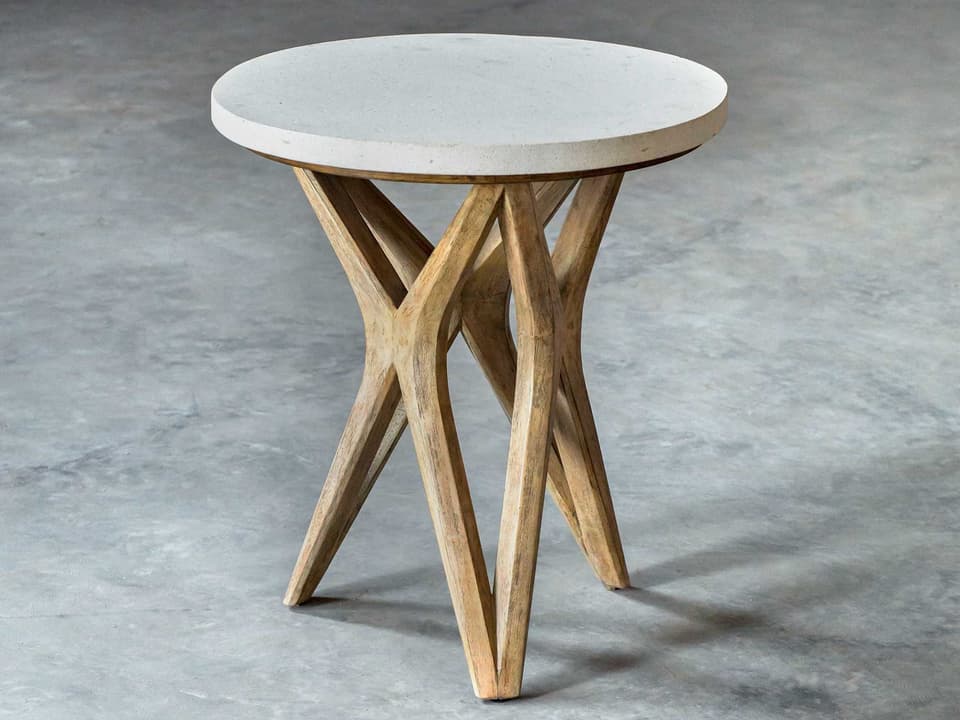 Marnie Side Table with Limestone Top and Geometric Wood Base