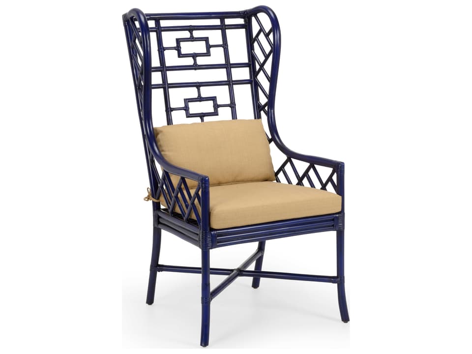Gwyneth Asian-Inspired Rattan Wing Chair in Indigo with Sand Linen Cushion