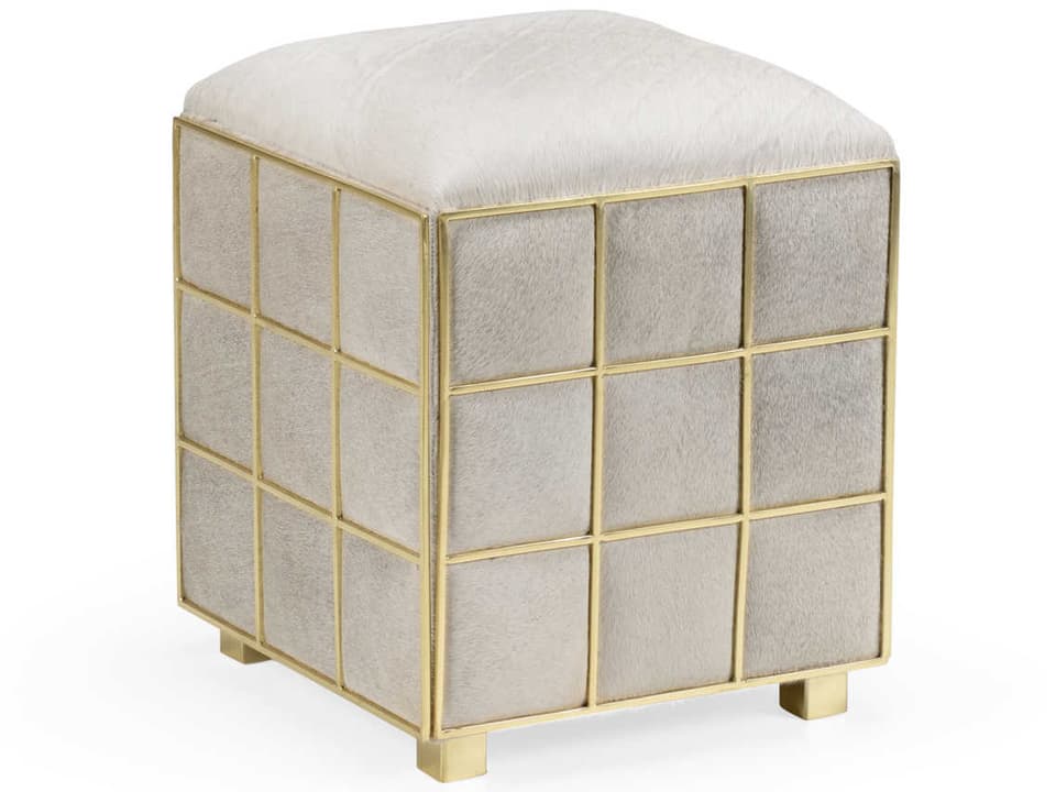 Square Hide Stool with Light Gray Hair-on-Hide and Polished Brass Accent
