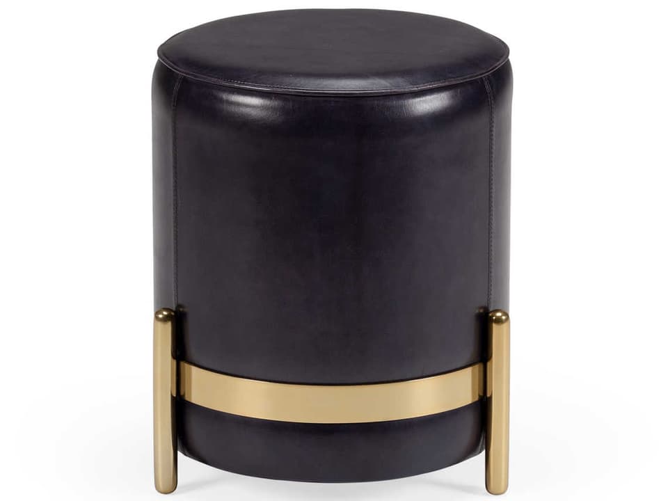 Bruce Midnight Blue Gold Leather Accent Stool