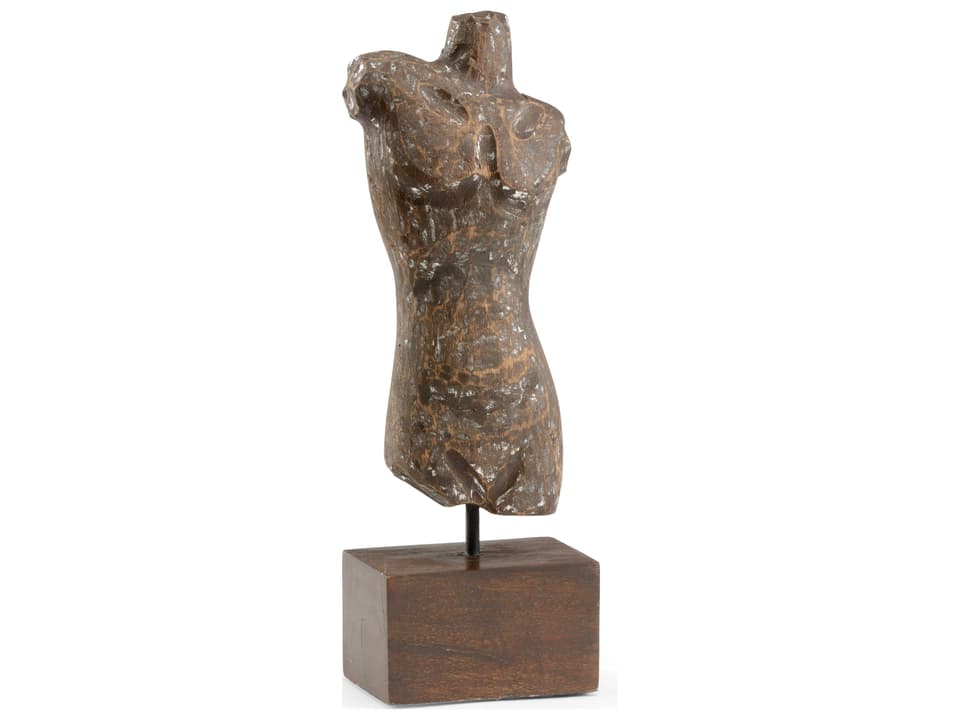 Torso Hand Carved Wood Sculpture with Distressed Brown Finish