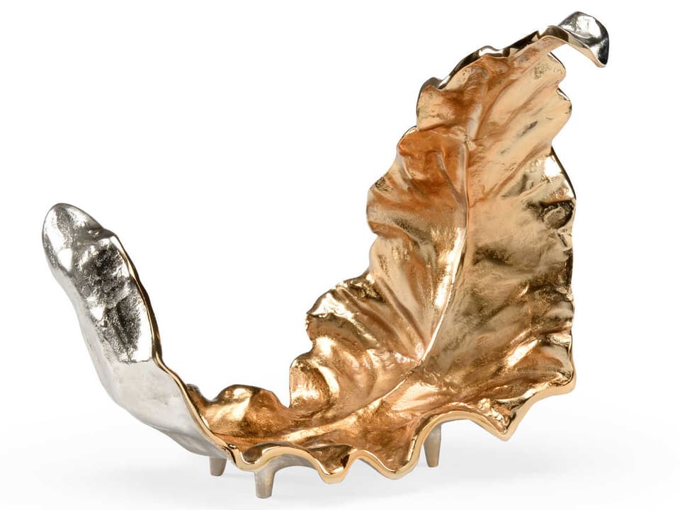 Lush Leaf Sculpture Medium Decorative Object in Antique Gold and Polished Nickel