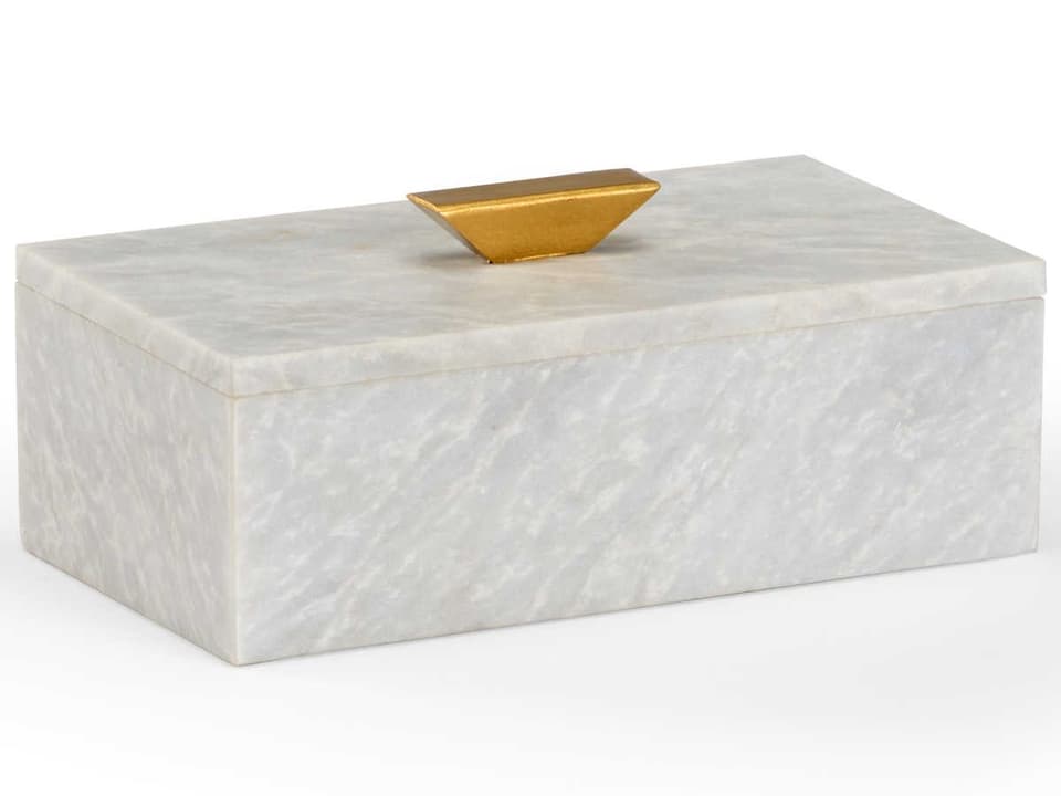 Merle Rectangle Decorative Box in White Marble with Gold Handle
