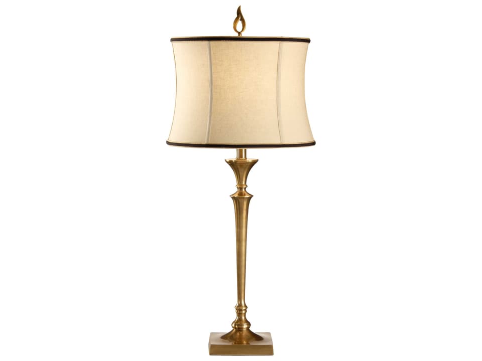 Candlestick Table Lamp with Oatmeal Linen Shade in Antique Brass