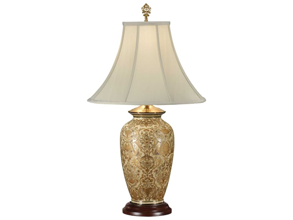 Gold Damask Porcelain Buffet Table Lamp with Light Tan Silkette Shade