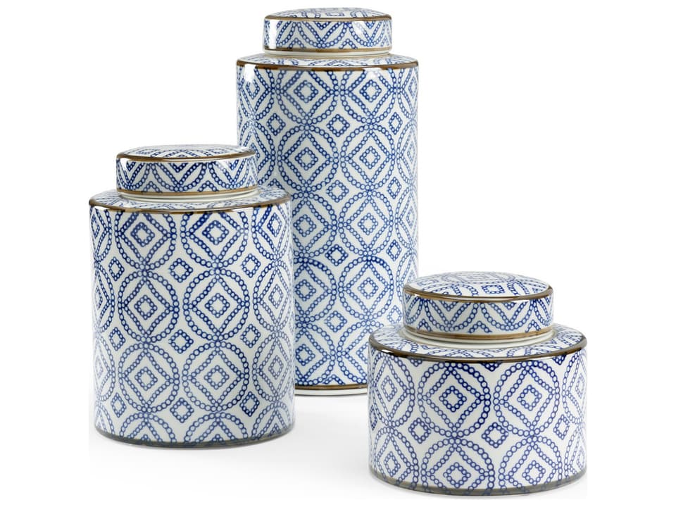 Thelma 3-Piece Porcelain Canister Set Blue White Cream Geometric