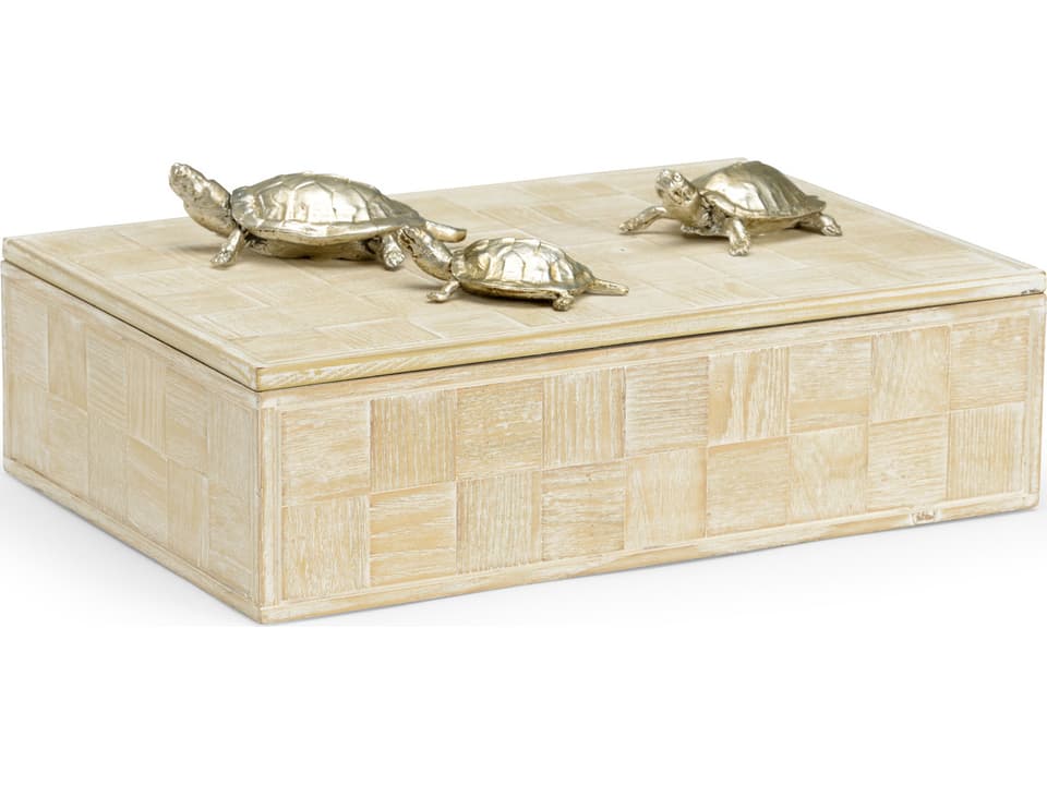 Tortoise Family Decorative Box in Whitewashed Wood and Silver