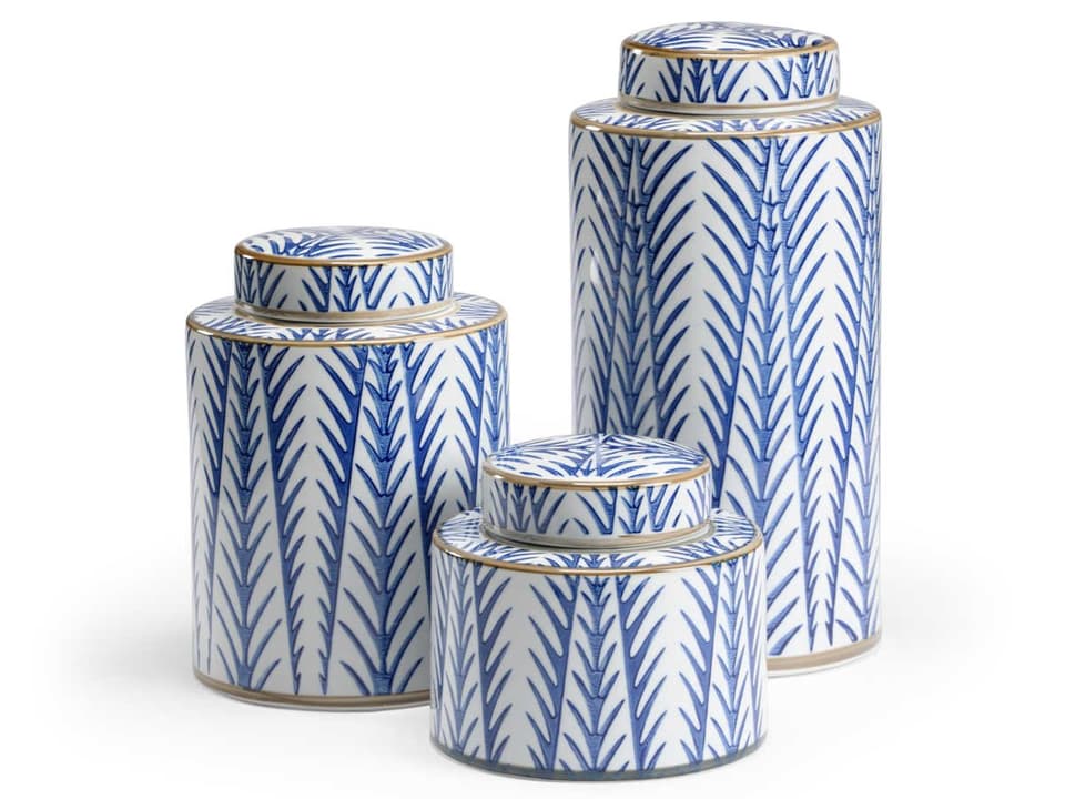 Blue Fronds Set of 3 Decorative Canisters with Gold Trim