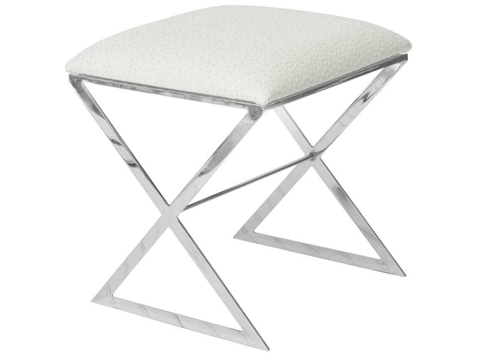 X-Side Collection Accent Stool with Polished Nickel Frame and Cream Faux Ostrich Upholstery
