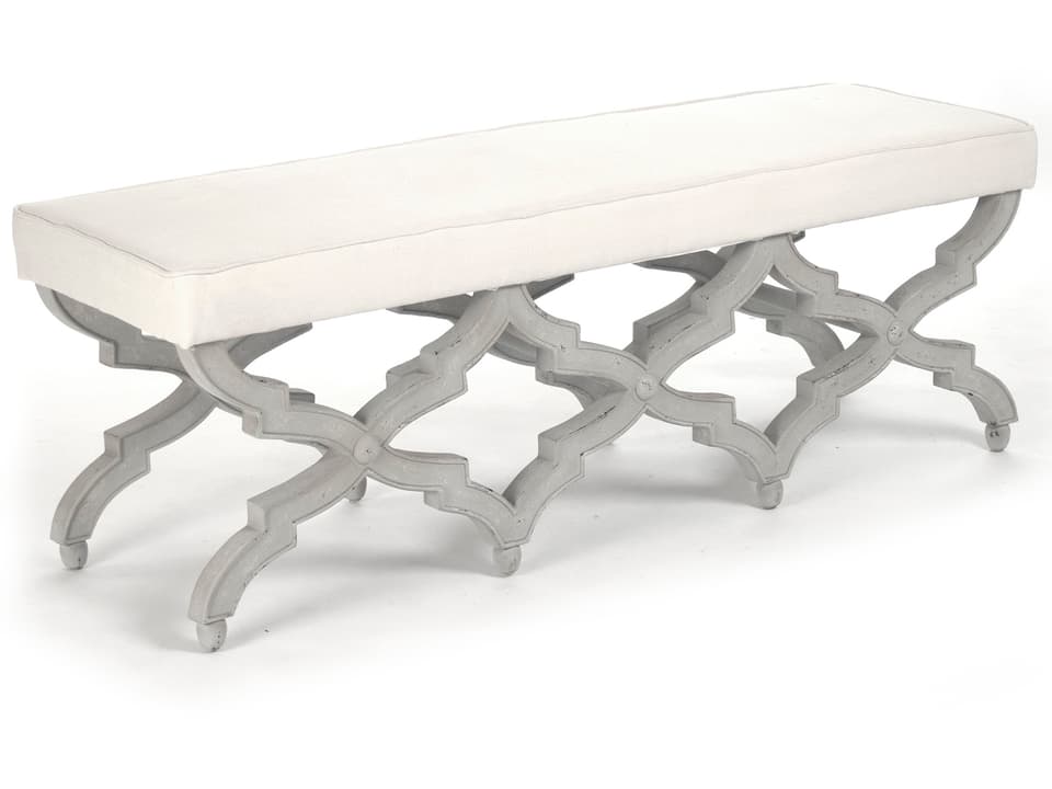 Judith Off-White Linen Upholstered Accent Bench with Distressed Grey Birch Frame