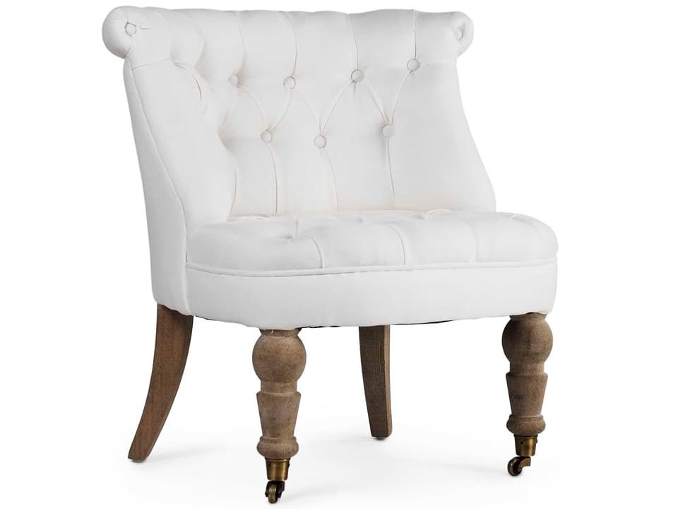 Amelie White Linen Accent Chair with Button Tufting and Casters