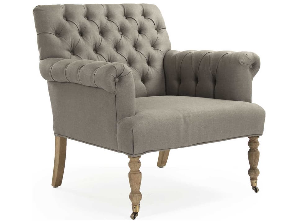 Lorraine Tufted Arm Chair in Grey Linen with Limed Oak