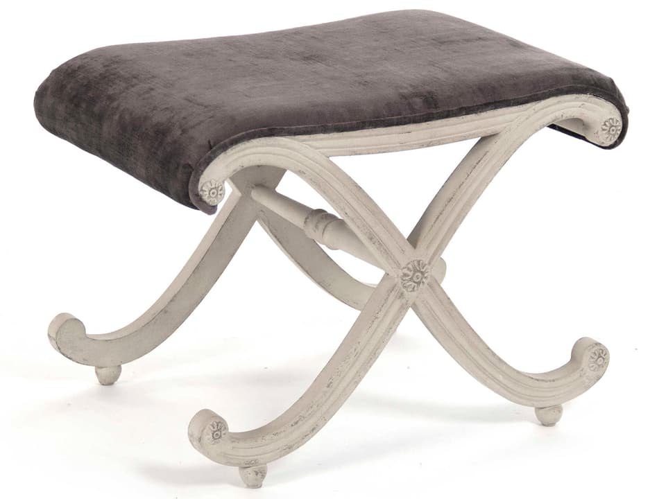 Coral Accent Stool Grey Velvet Upholstery with Distressed Off-White Base