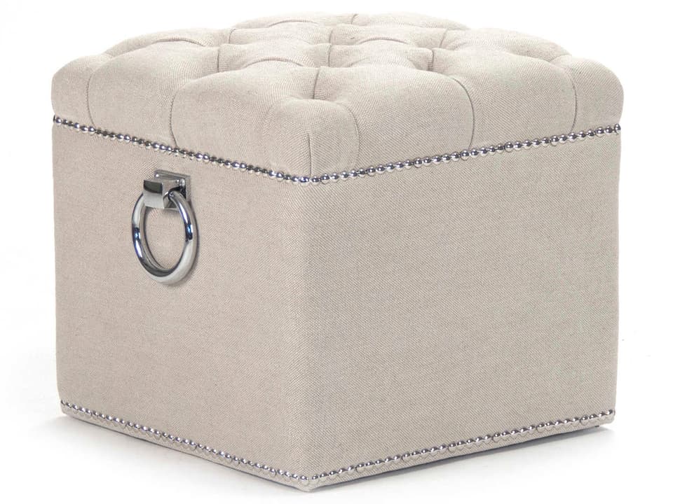 Paol Tufted Accent Stool in Light Linen Cotton with Nailhead Trim