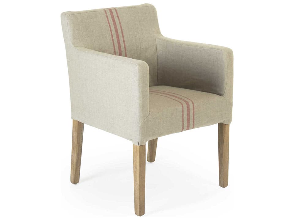 Avignon Limed Grey Oak Dining Armchair with Red Stripe Khaki Linen Slipcover