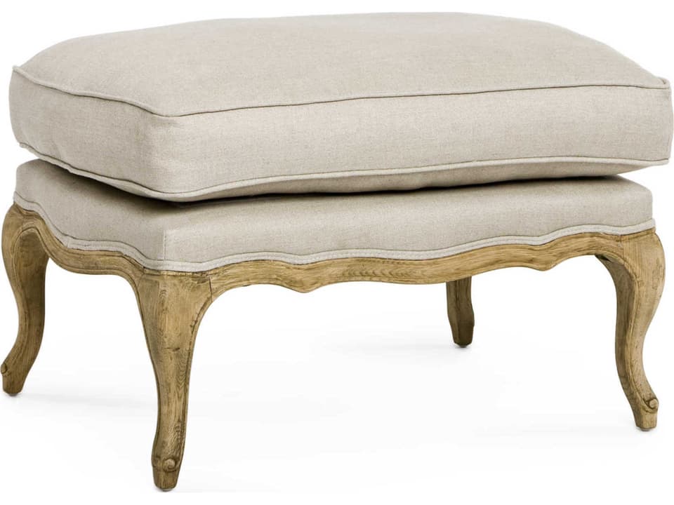 Bastille Natural Linen Upholstered Ottoman with Oak Frame