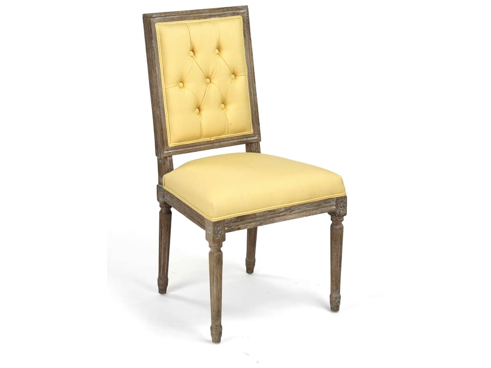 Louis Upholstered Dining Side Chair in Yellow Linen with Limed Grey Oak Frame